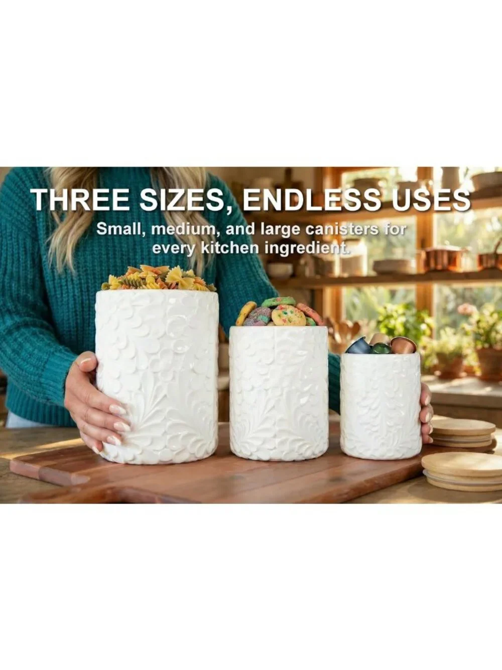 Set of 3 Engraved Ceramic Canisters with Airtight Bamboo Lids - Kitchen Storage